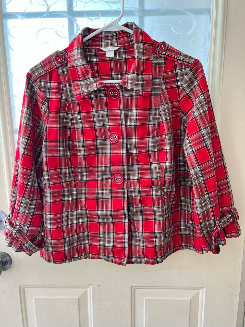 Christopher & Banks red tartan plaid button down 3/4 sleeve jacket size XL.
